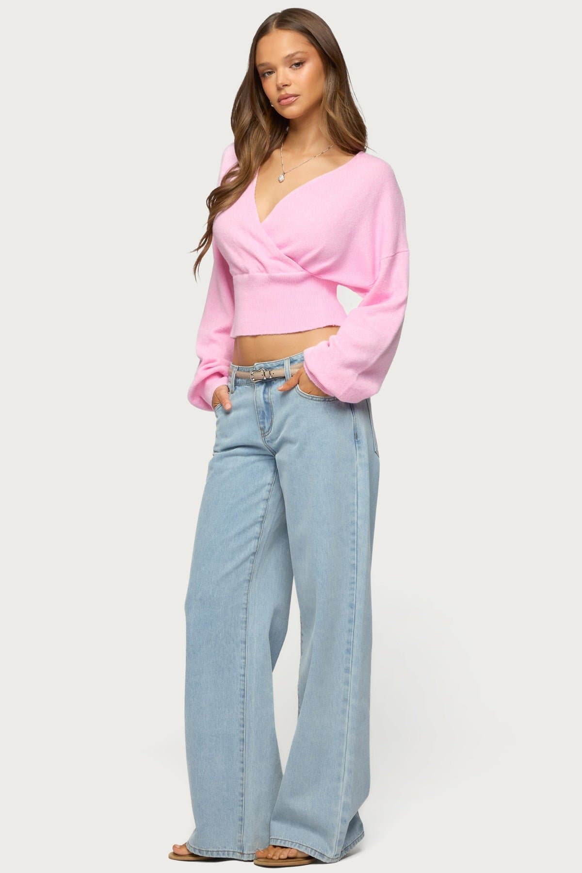 Lillia V-Neck Wrap Sweater with Back Tie Closure - Polyester Nylon Spandex Knit