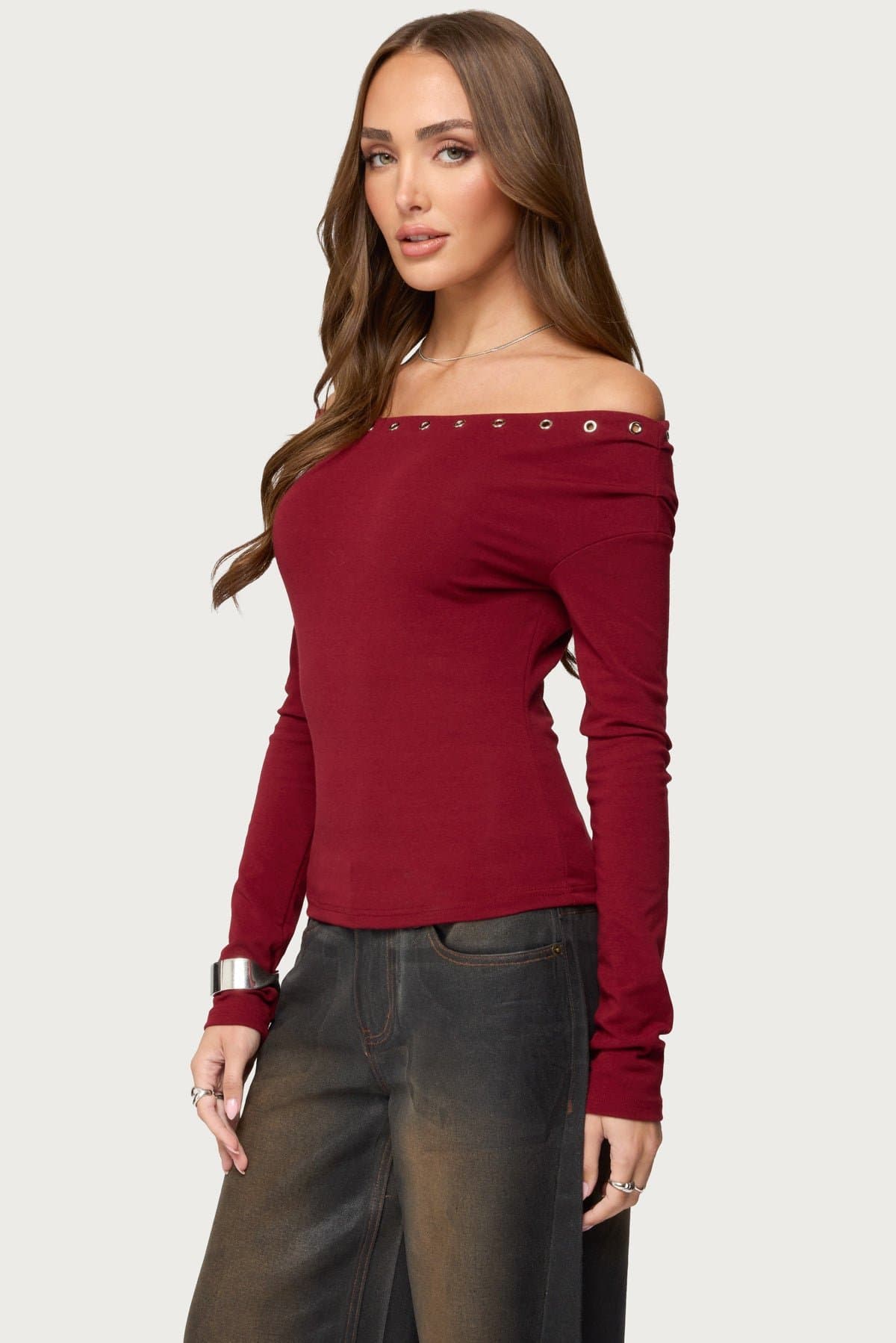 Rebekka Grommet Off Shoulder Long Sleeve Top - Polyester Rayon Spandex