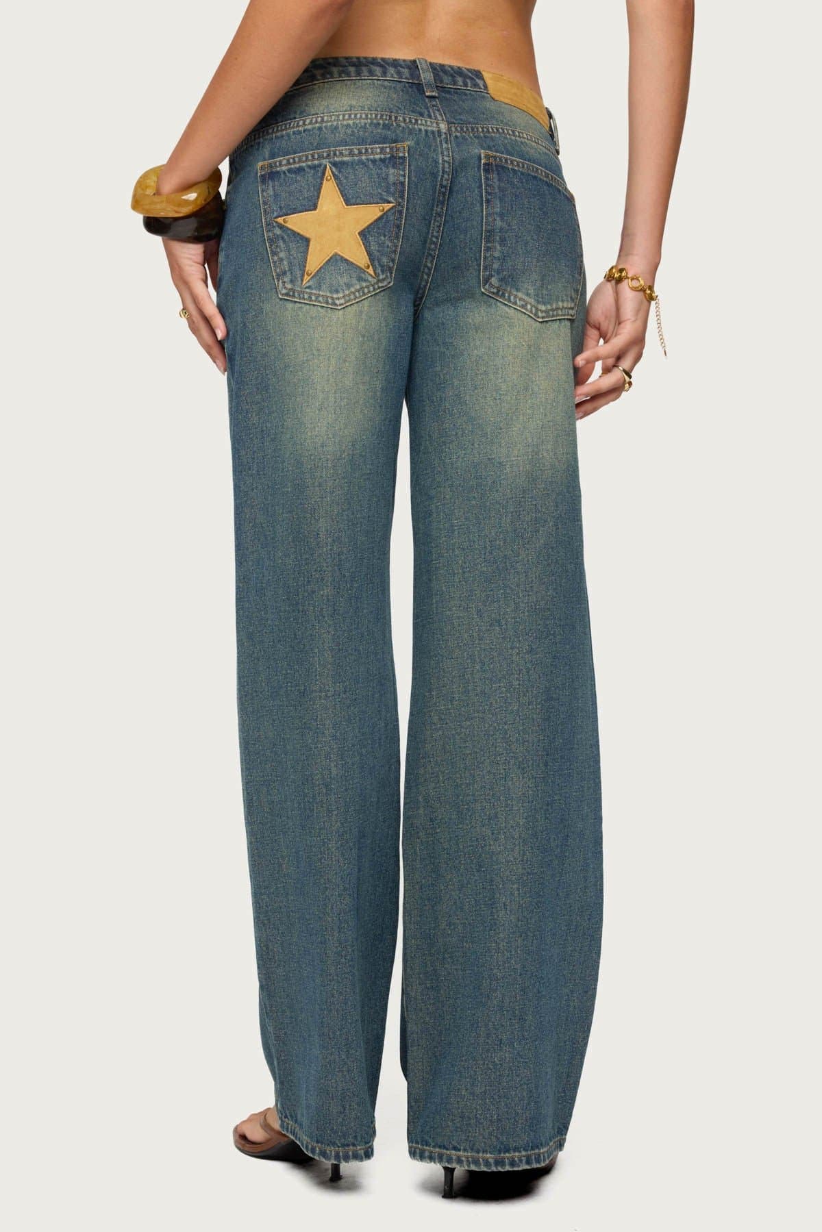 Faux Suede Star Low Rise Baggy Jeans - Rigid Cotton Denim