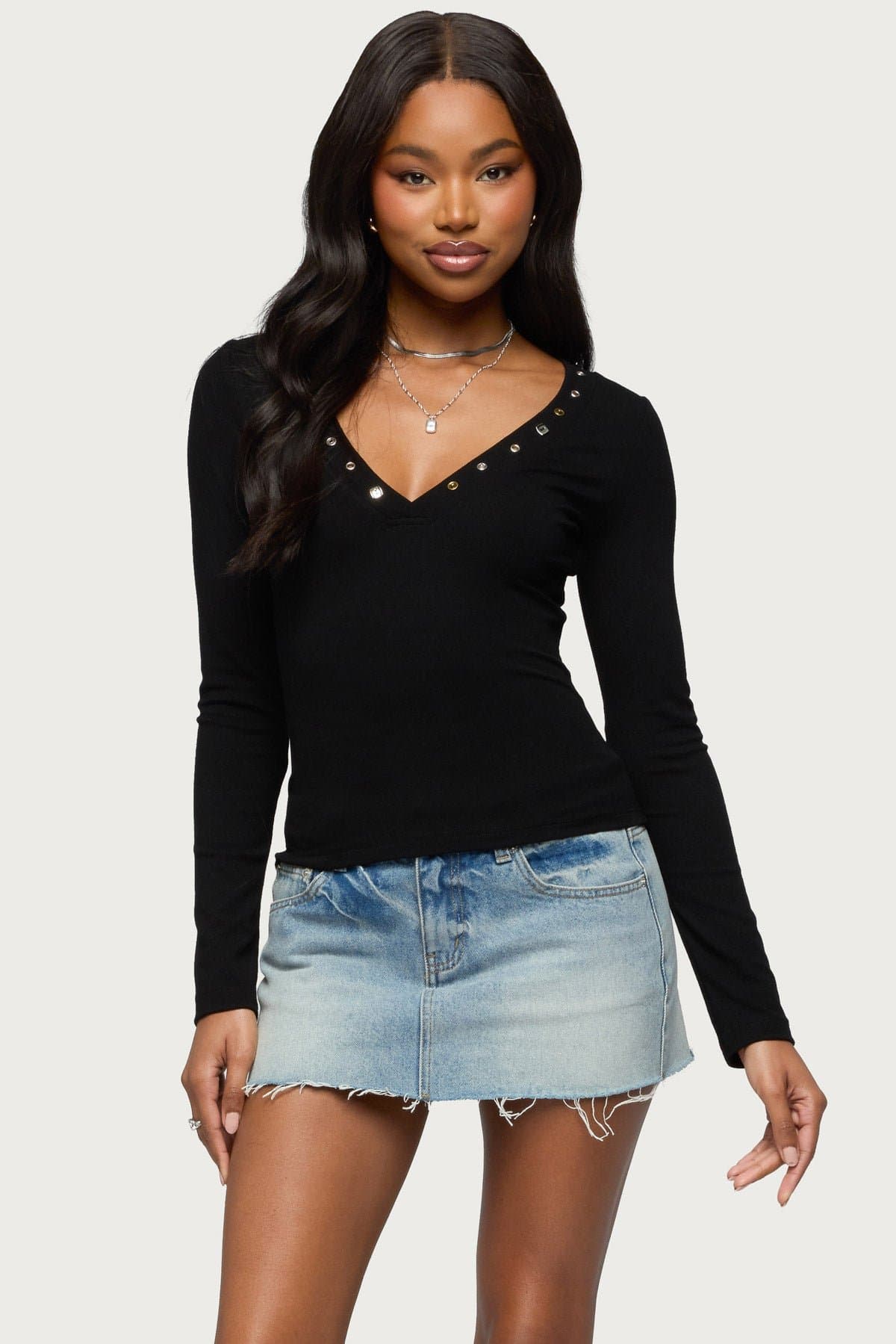 Rossie Long Sleeve V-Neck Top with Metallic Stud Grommet Button Trim Nylon Spandex