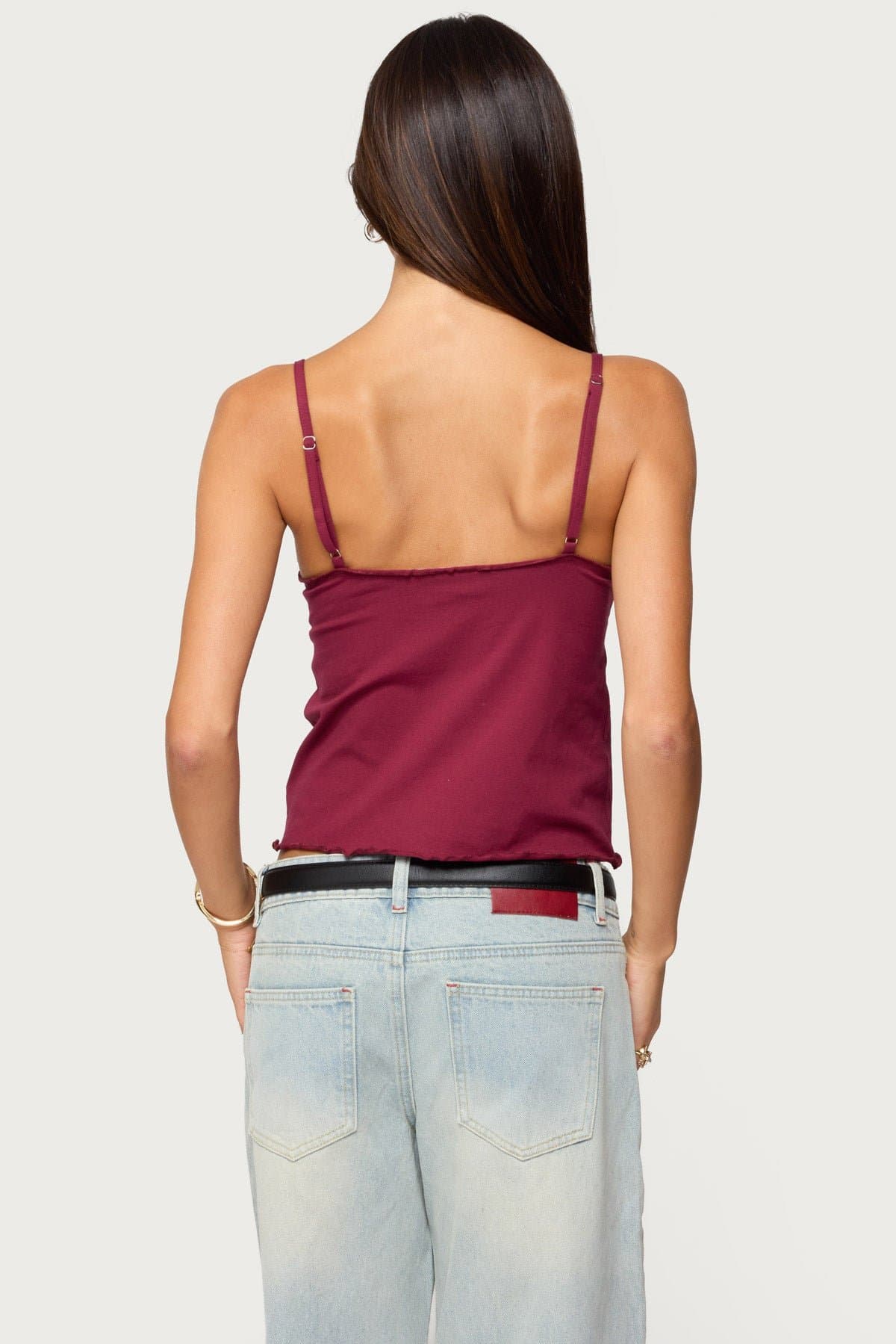 Glendon Babydoll Tank Top with Adjustable Straps, Lettuce Trim, Cotton Spandex