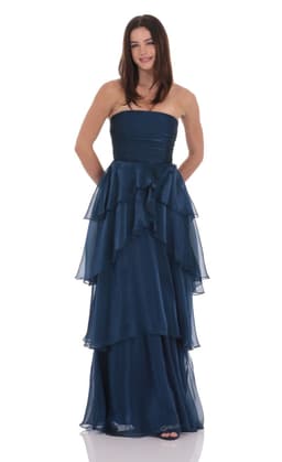 Corset Petal Ruffle Strapless Maxi Dress in Navy