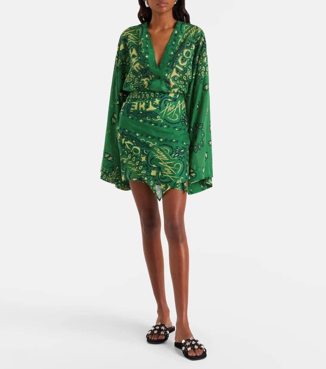 Green Paisley Print Satin Mini Dress – V Neck Oversized Sleeve Tie Waist Boho Party Dress S-XL