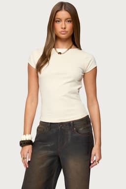 Oliana Ribbed Boat Neck T-Shirt - Cotton Spandex Women's Top