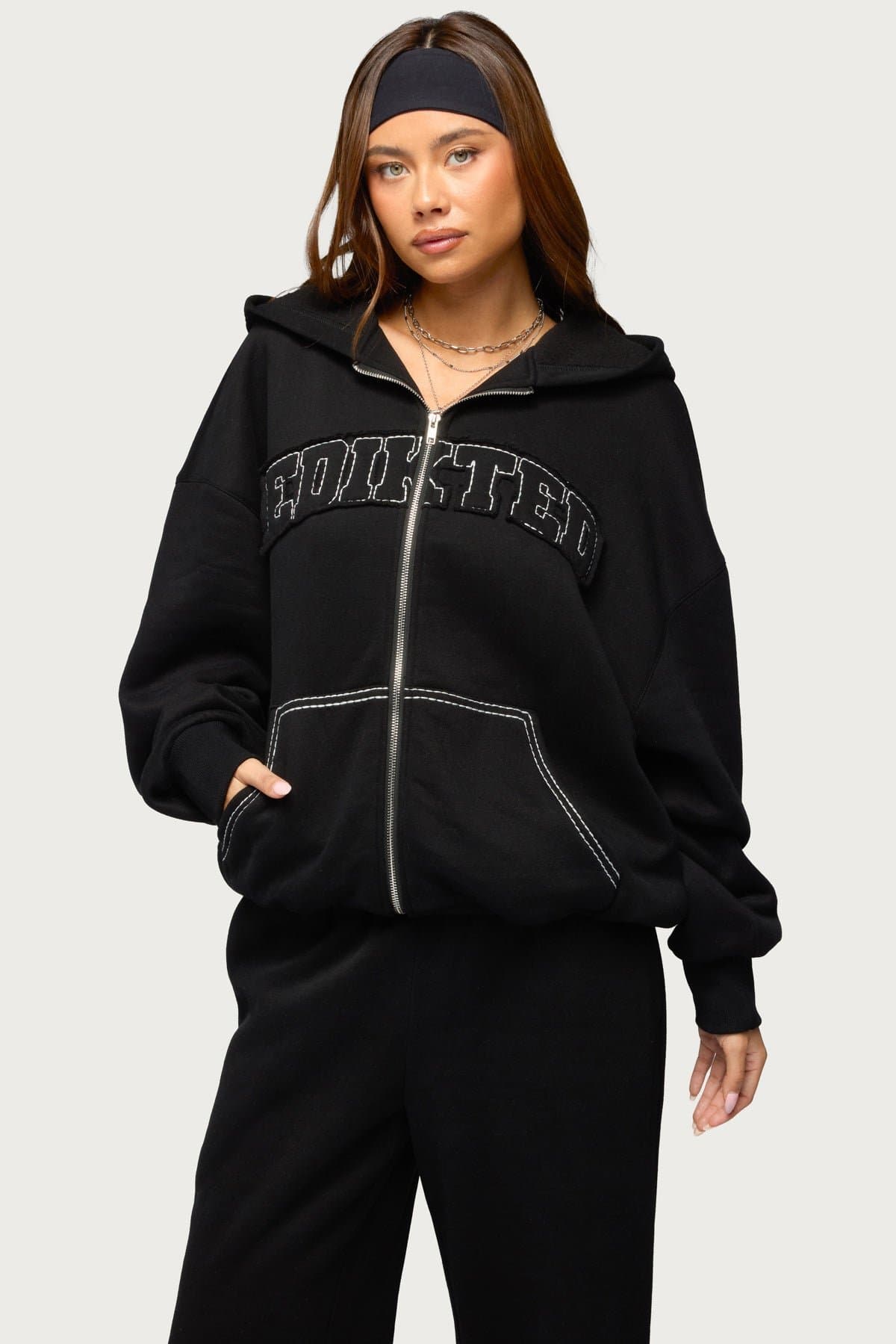 Forever Edikted Oversized Hoodie - Cotton Polyester Front Zip Contrast Stitching