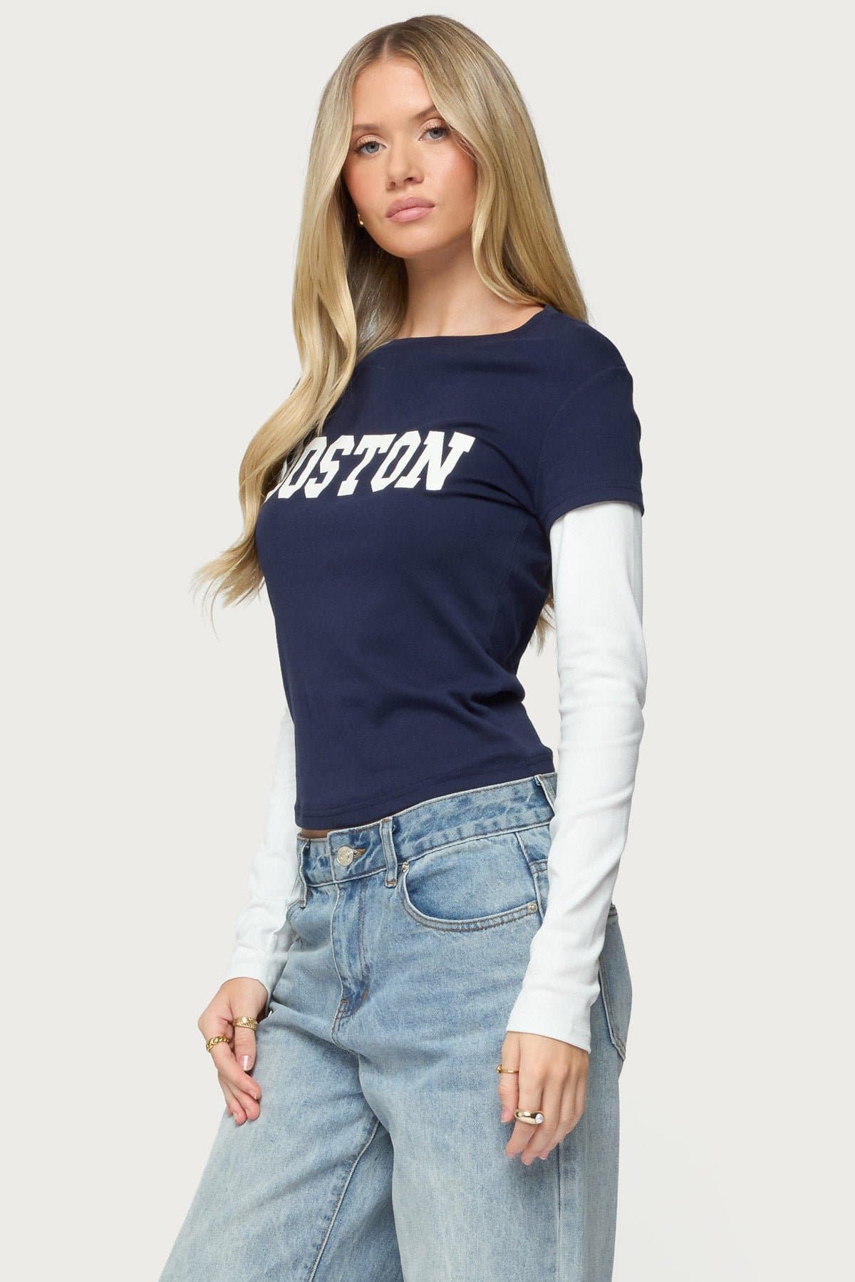 Boston Layered Long Sleeve T-Shirt - Cotton Spandex Graphic Text Contrast Sleeves