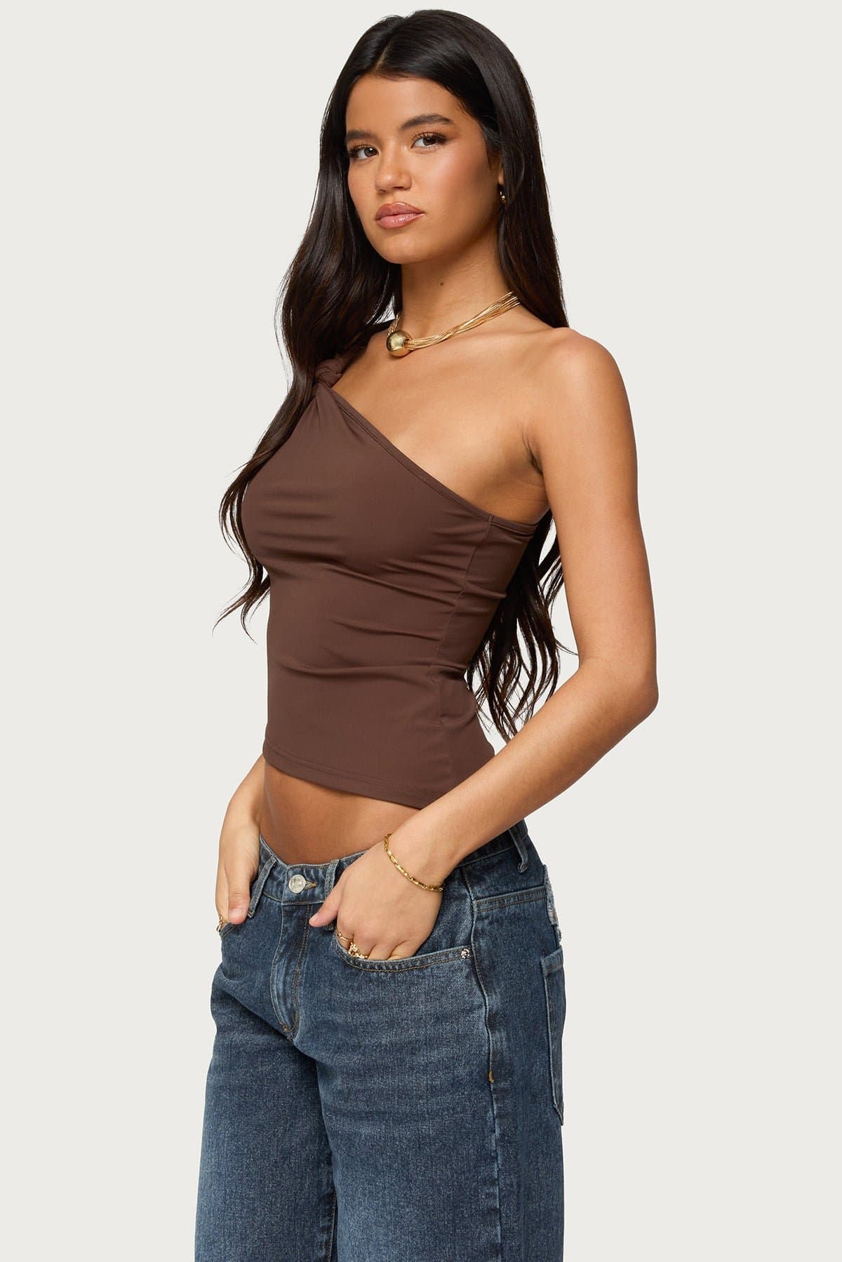 Knotted One Shoulder Asymmetric Top in Polyamide Spandex