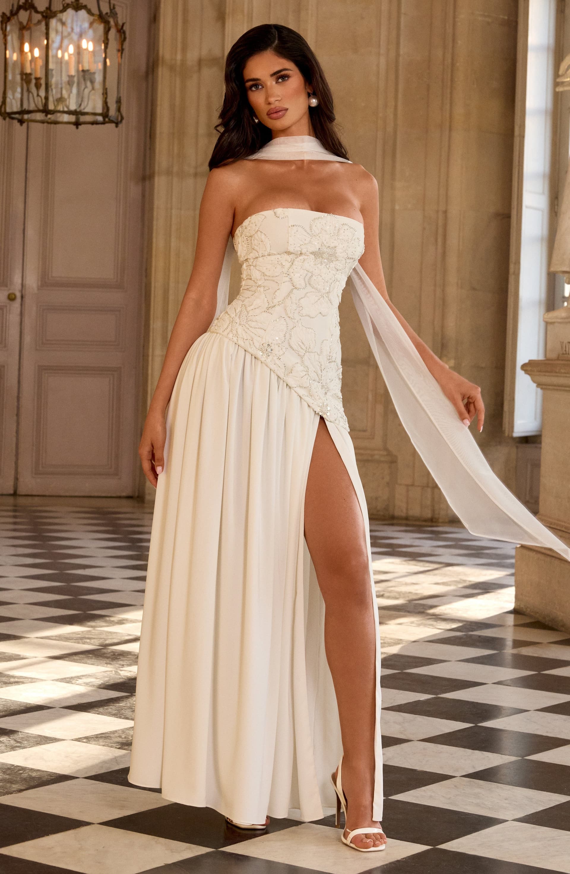 Anneliese Maxi Dress in Ivory Crepe Bodice Chiffon Skirt with Embellishments