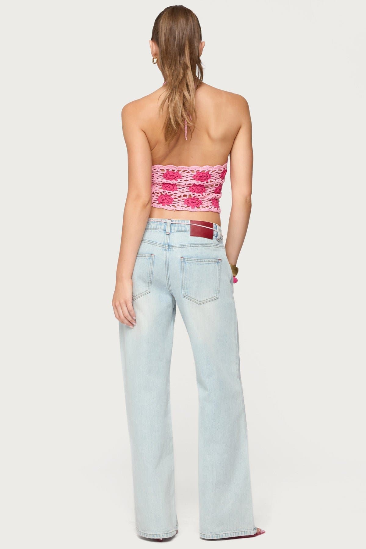 Contrast Floral Crochet Halter Top - Open Acrylic Fabric, Neck Tie Closure