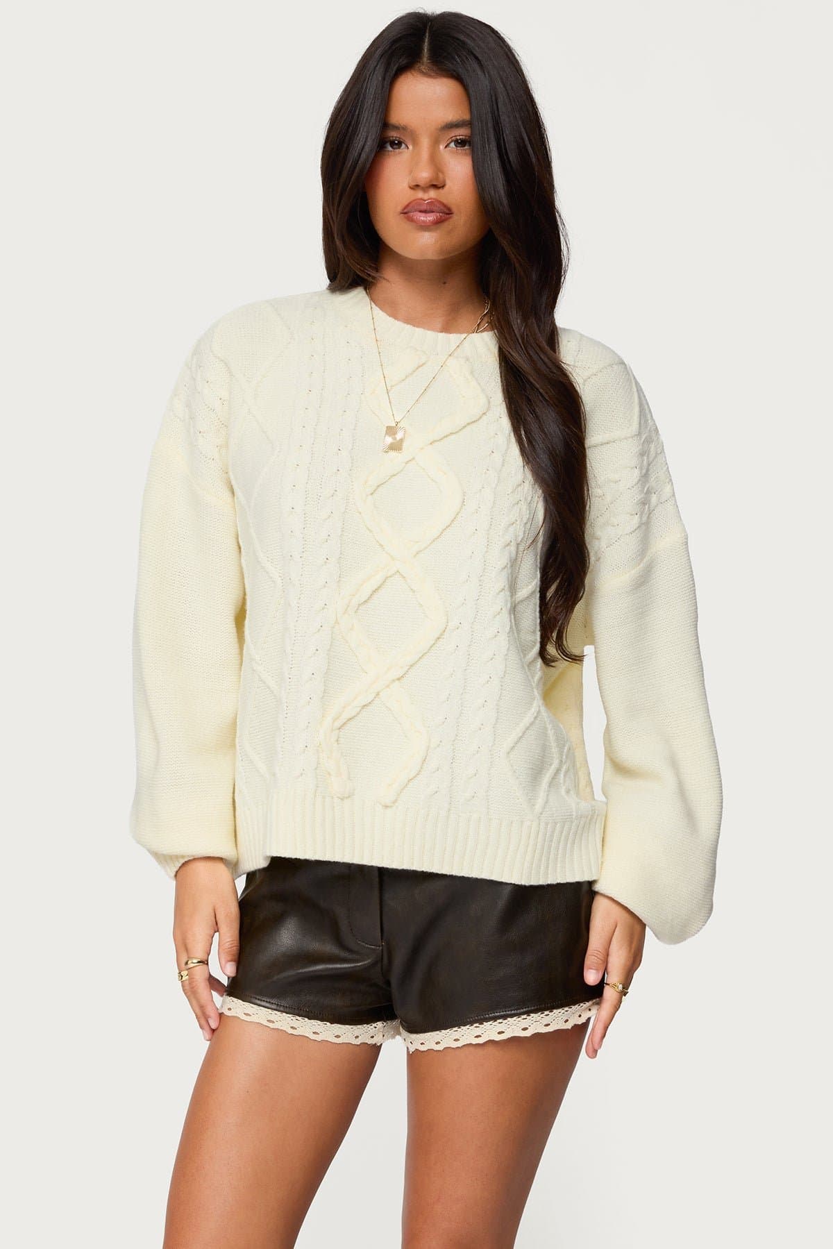 Braided Cable Knit Oversized Sweater - Acrylic Fabric, Relaxed Fit