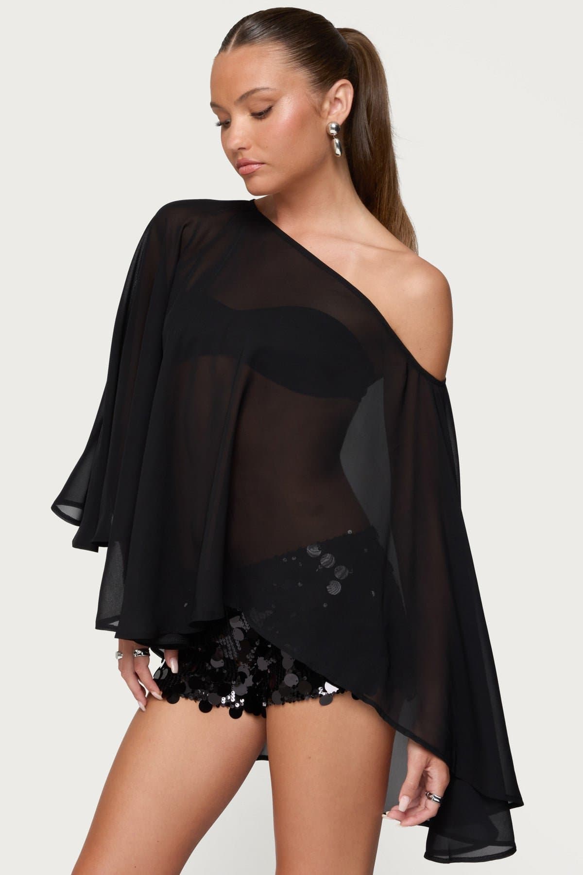 Sheer Chiffon Asymmetric Off-Shoulder Poncho