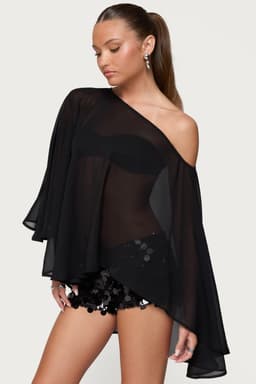 Sheer Chiffon Asymmetric Off-Shoulder Poncho