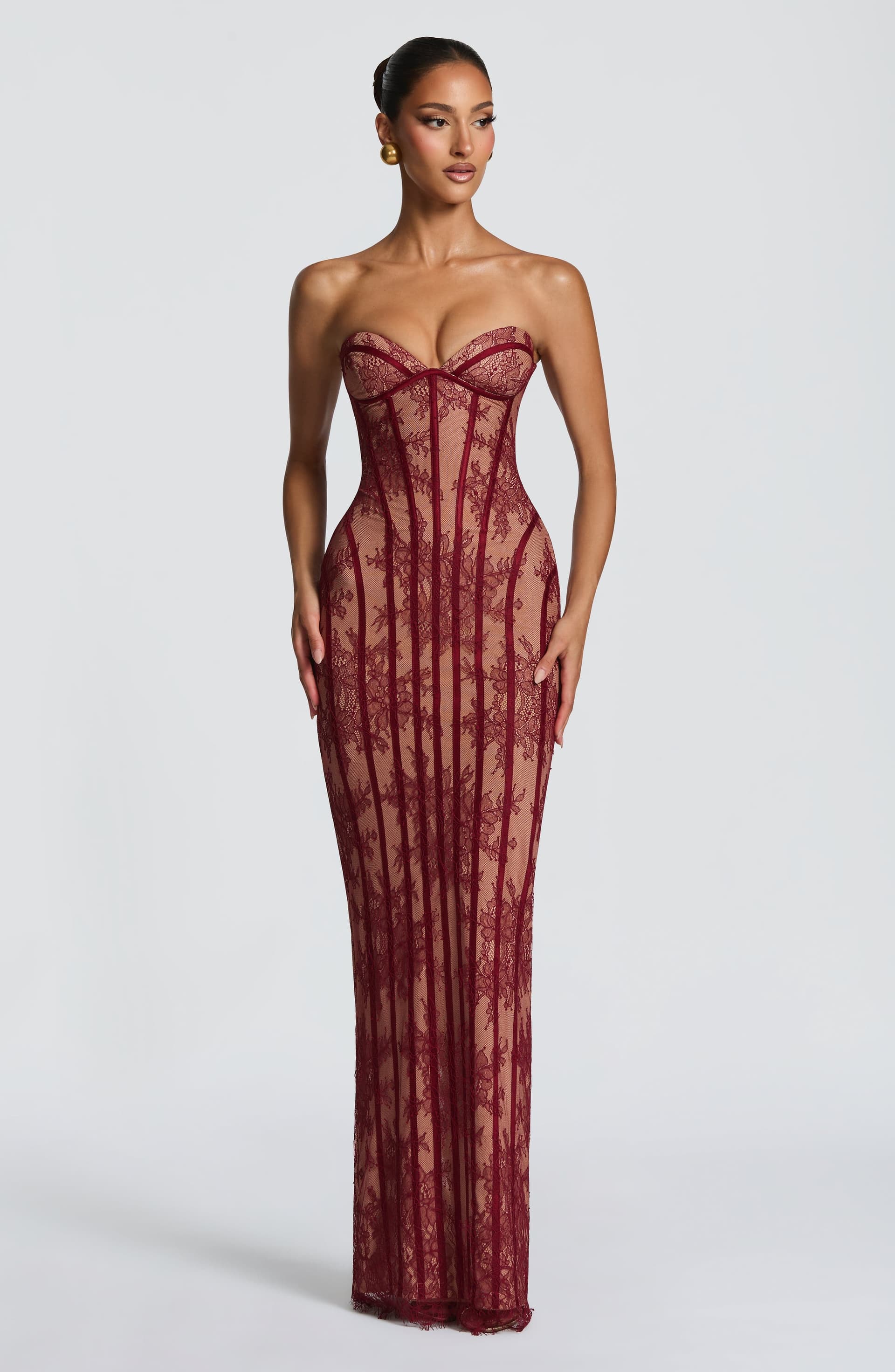 Sian Burgundy Floral Lace Strapless Maxi Dress with Underwire Cups