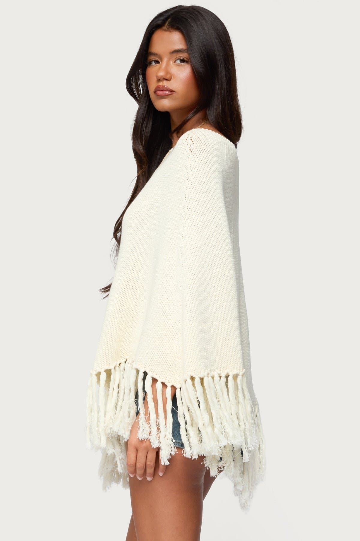 Kamila Fringe Knit Poncho 100% Cotton Fringe Hem XS/S Black