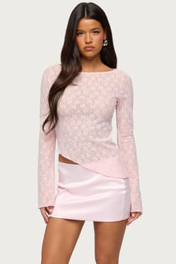 Mare Asymmetric Gem Sheer Lace Top - Bell Long Sleeves Boat Neck Polyester Spandex