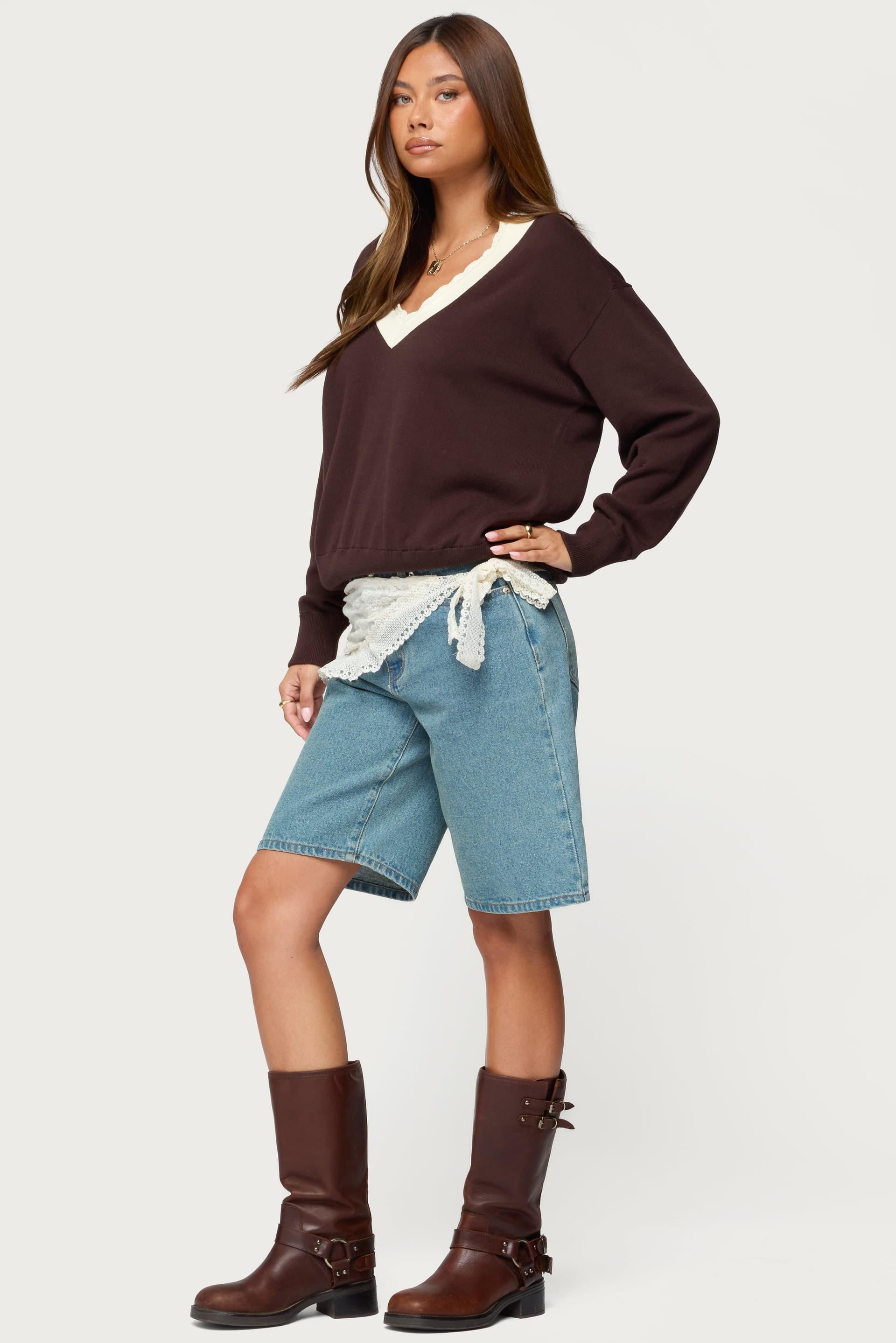 Marie Contrast Lacey V-Neck Cotton Knit Sweater