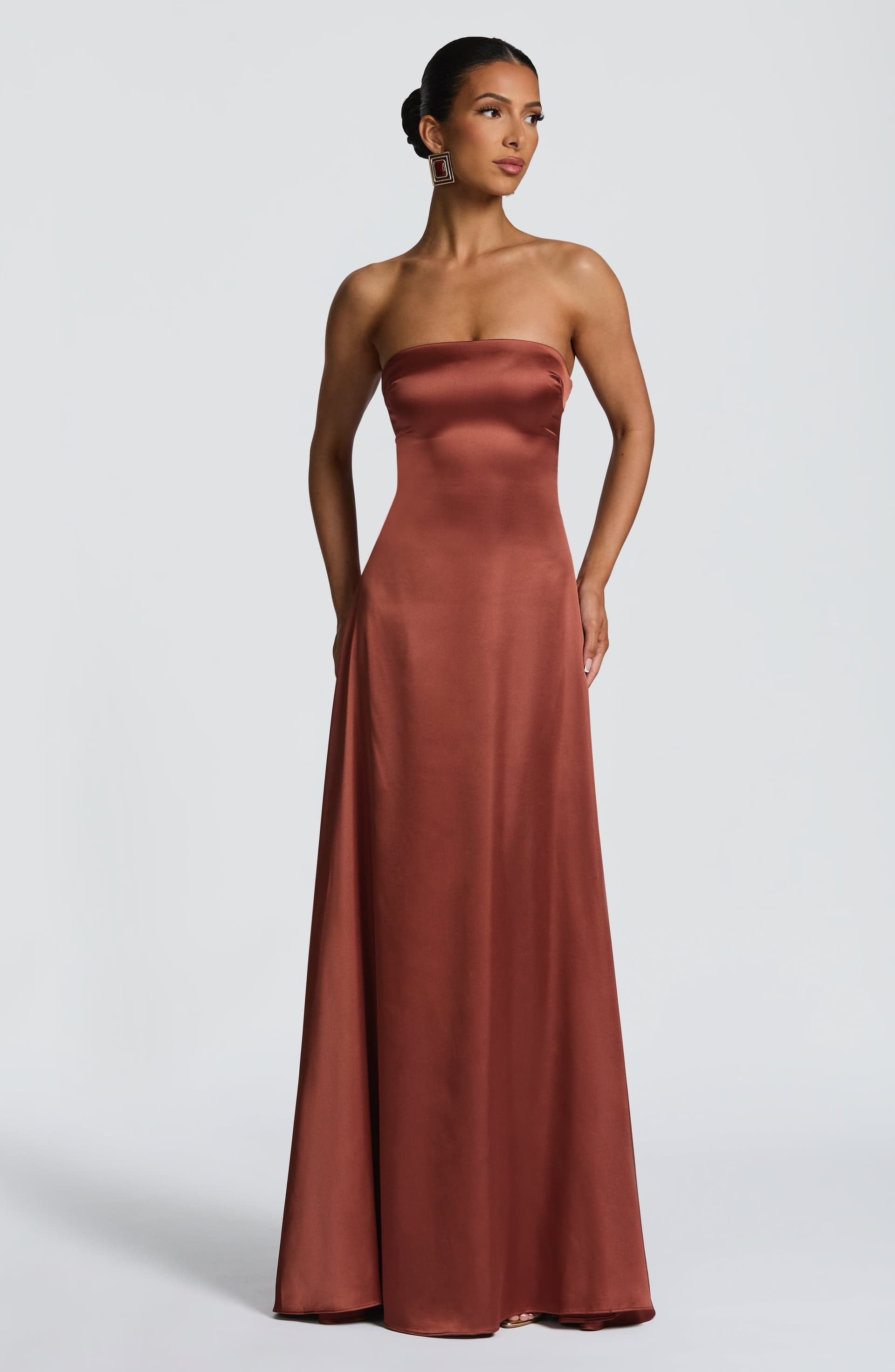 Morven Maxi Dress - Rust Satin Strapless A-Line Lace-Up Back