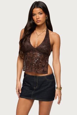 Butterfly Sequin Backless Halter Top - Polyester V-Neck Open Back Tie Closures