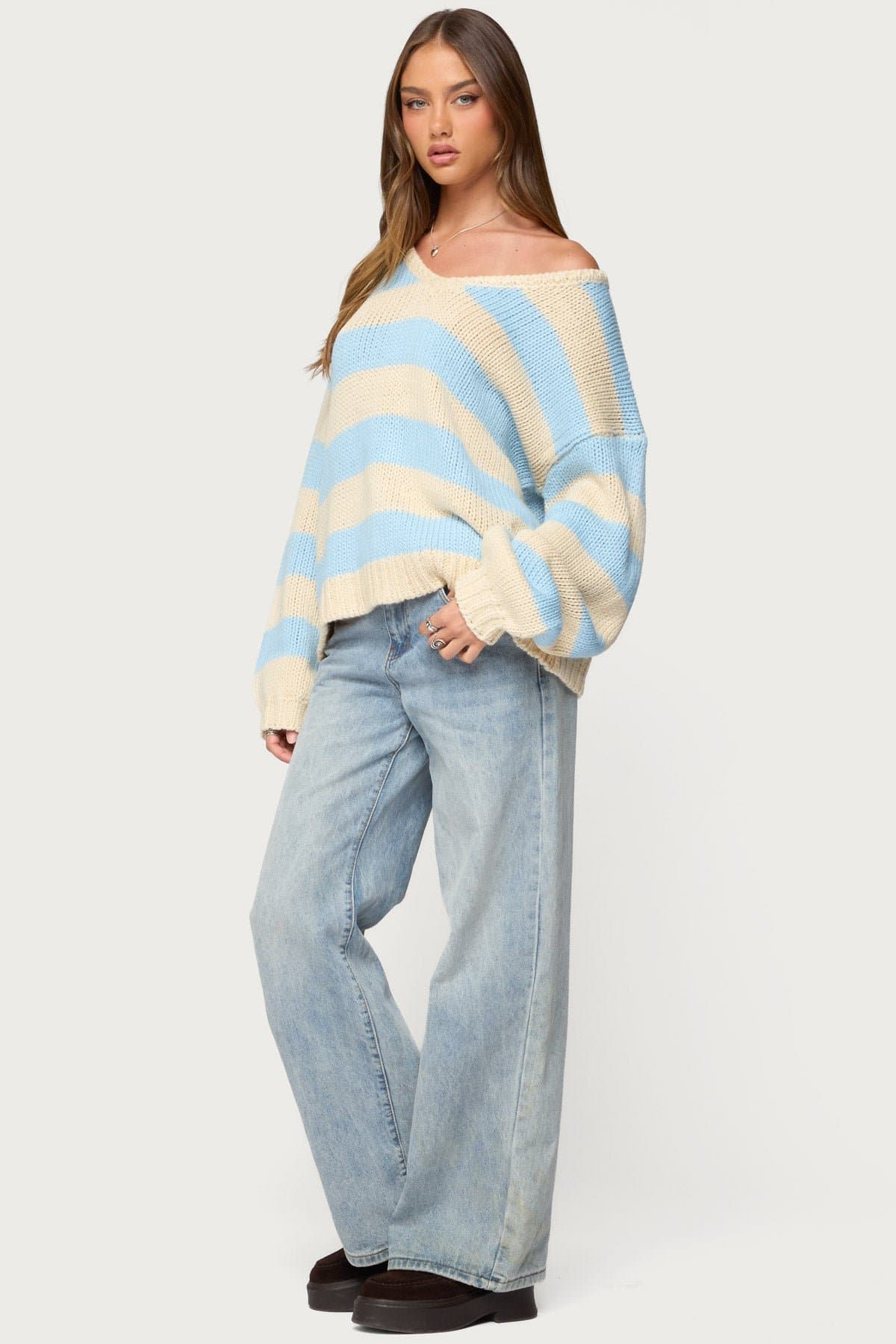Tracie Striped Oversized V-Neck Sweater - Acrylic Knit
