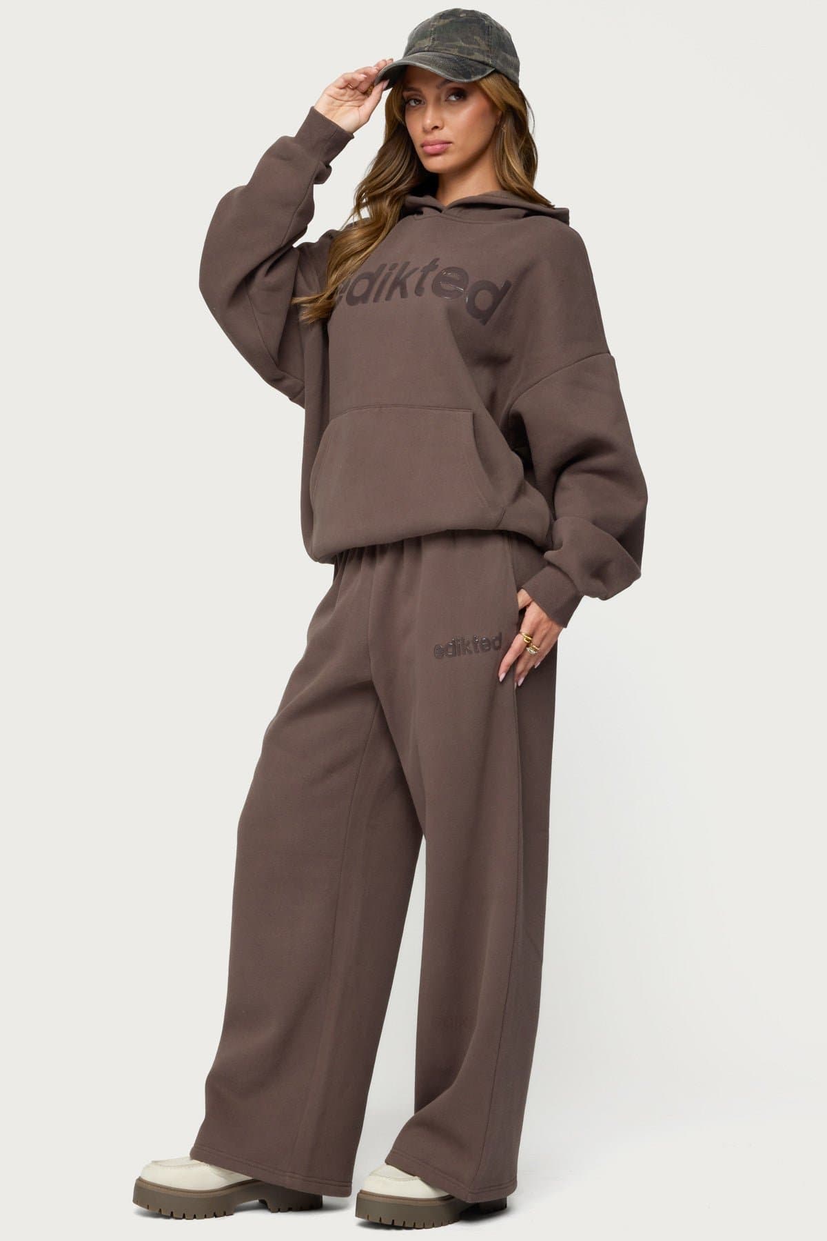 Be Edikted Sweatpants - Wide Leg Fit, Glossy Graphic Text, Polyester Cotton