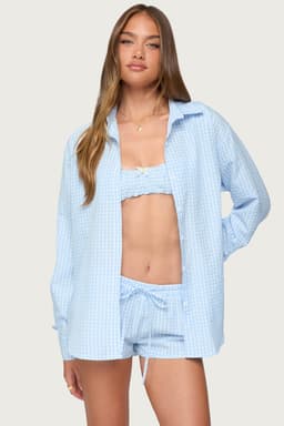 Yaffa Oversized Gingham Button Up Shirt - Polyester, Cuffed Sleeves, Classic Collar