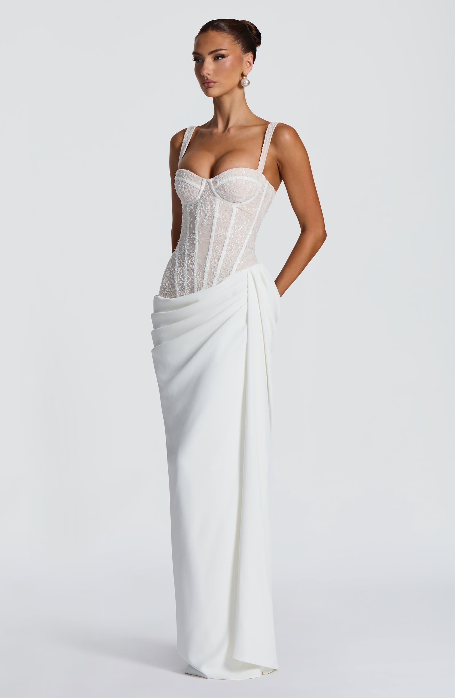 Seren Maxi Dress in Ivory - Lace Bodice with Beading, Sequins, Draped Skirt