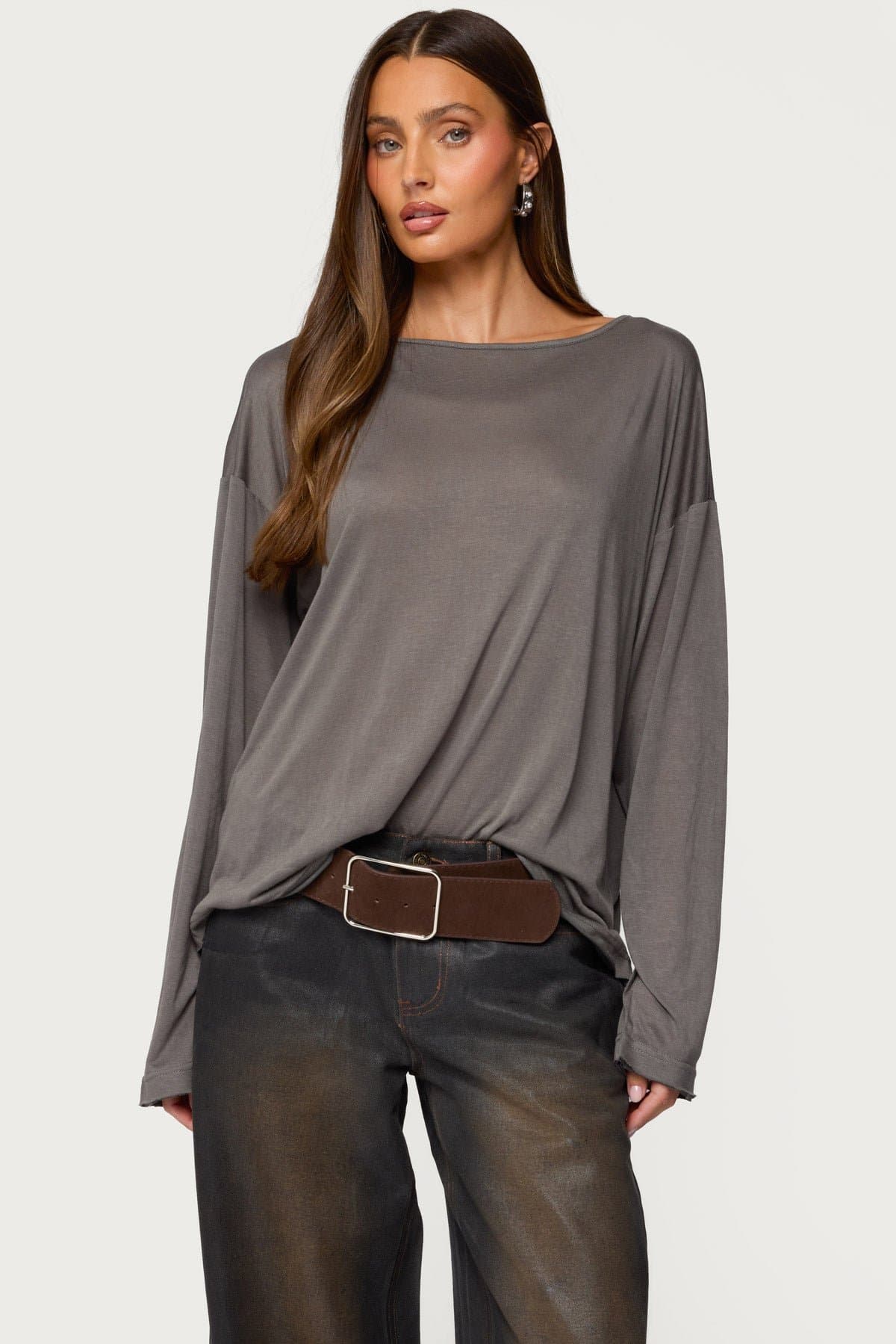 Oversized Semi Sheer Long Sleeve T-Shirt - Rayon Polyester Women's Top