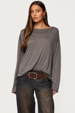 Oversized Semi Sheer Long Sleeve T-Shirt - Rayon Polyester Women's Top
