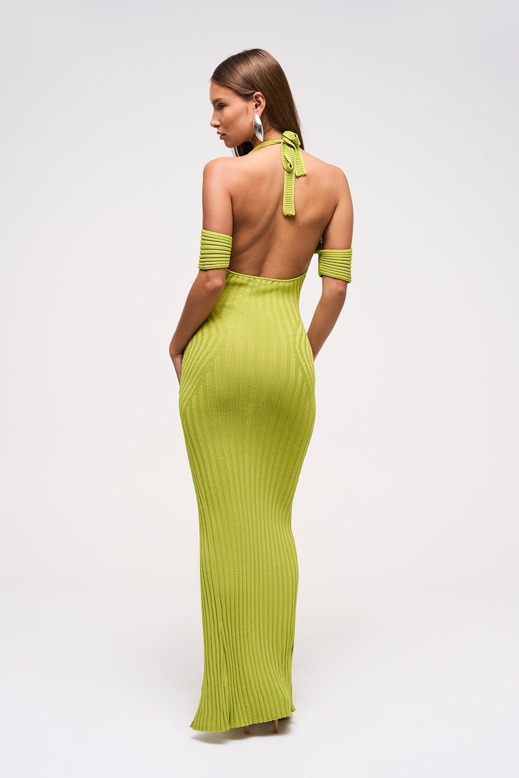 Keyhole Detail Maxi Dress in Fig Leaf Knit Ribbed V-Neck Off-Shoulder