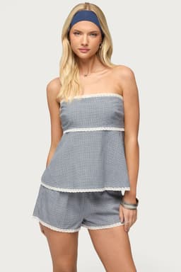 Ellie Lacey Gingham Strapless Babydoll Top with Split Back and Lace Trim