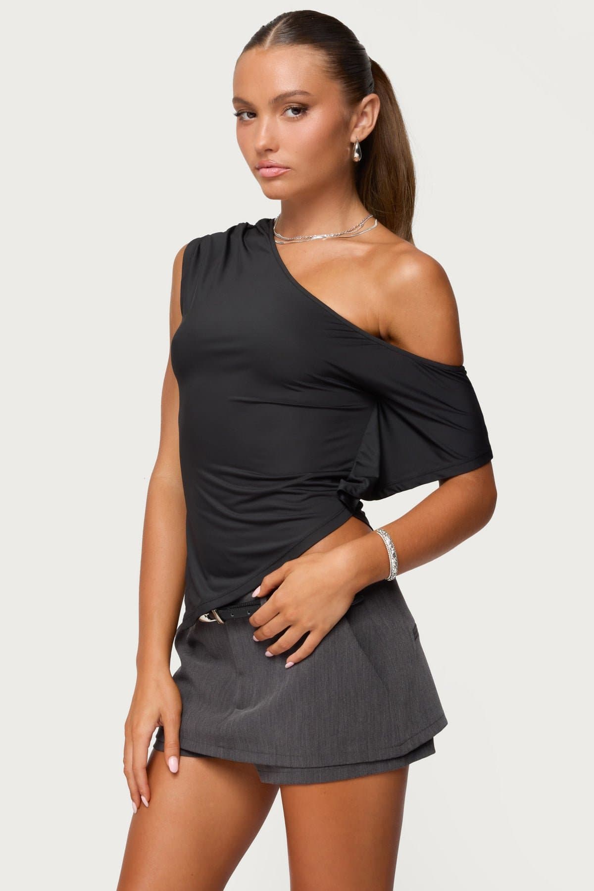 Katana Asymmetric Off Shoulder Top - Handkerchief Hem Nylon Spandex