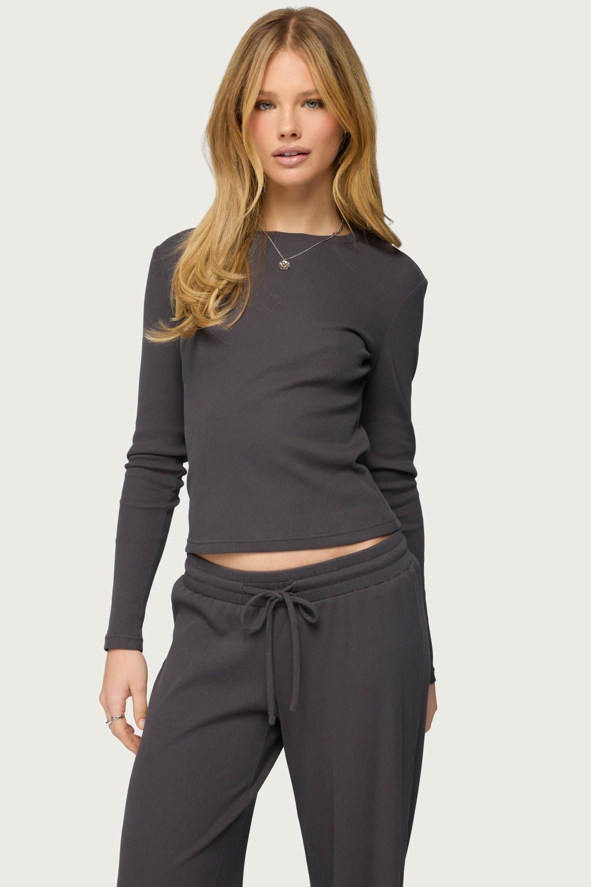 Cicilia Long Sleeve Ribbed T-Shirt - Cotton Polyester Spandex Loungewear Top