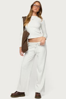 Cicilia Straight Leg Ribbed Pants - Adjustable Tie Waist Cotton Polyester Spandex Loungewear