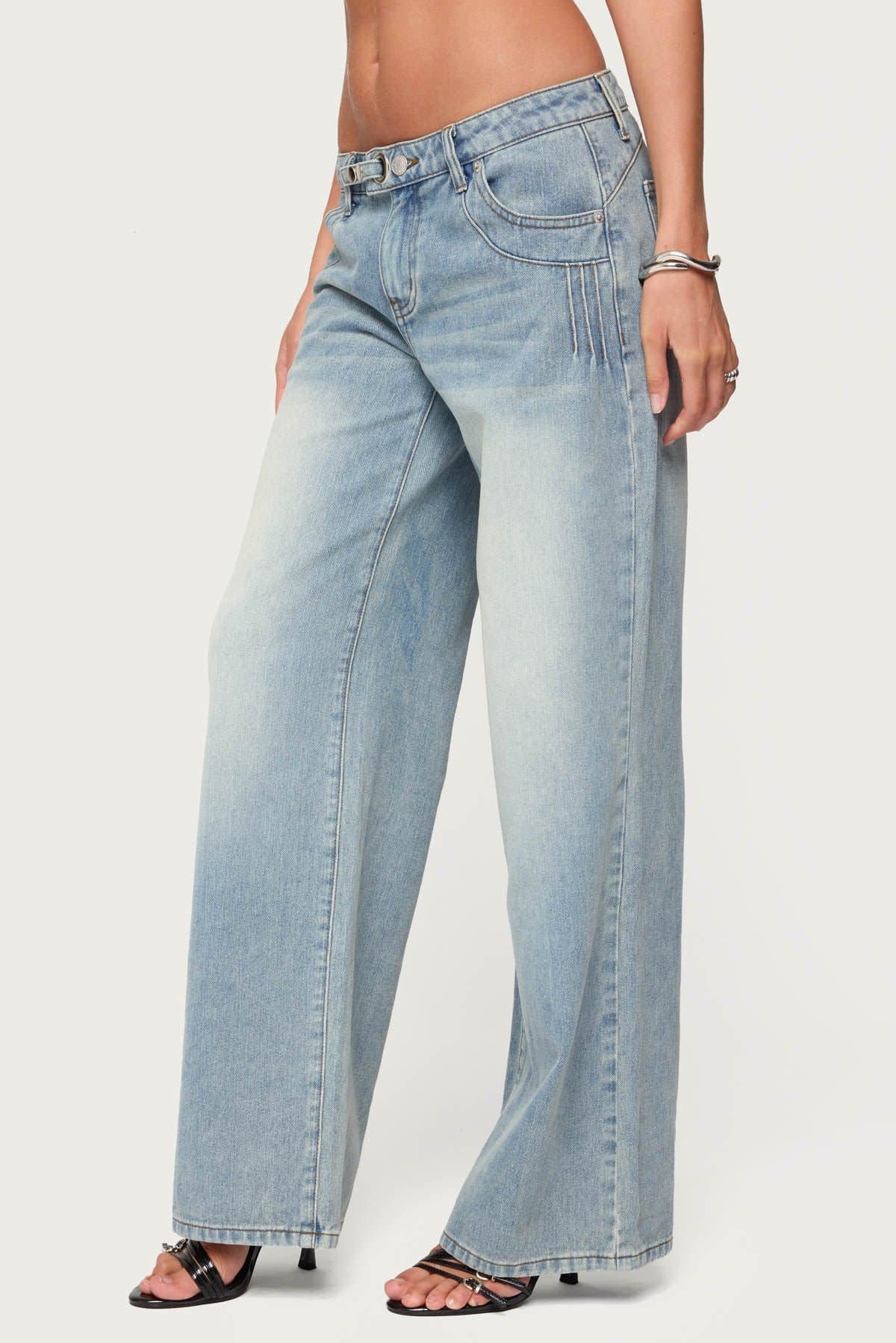 Celia Washed Low Rise Baggy Jeans 100% Cotton Belt Grommet Detail