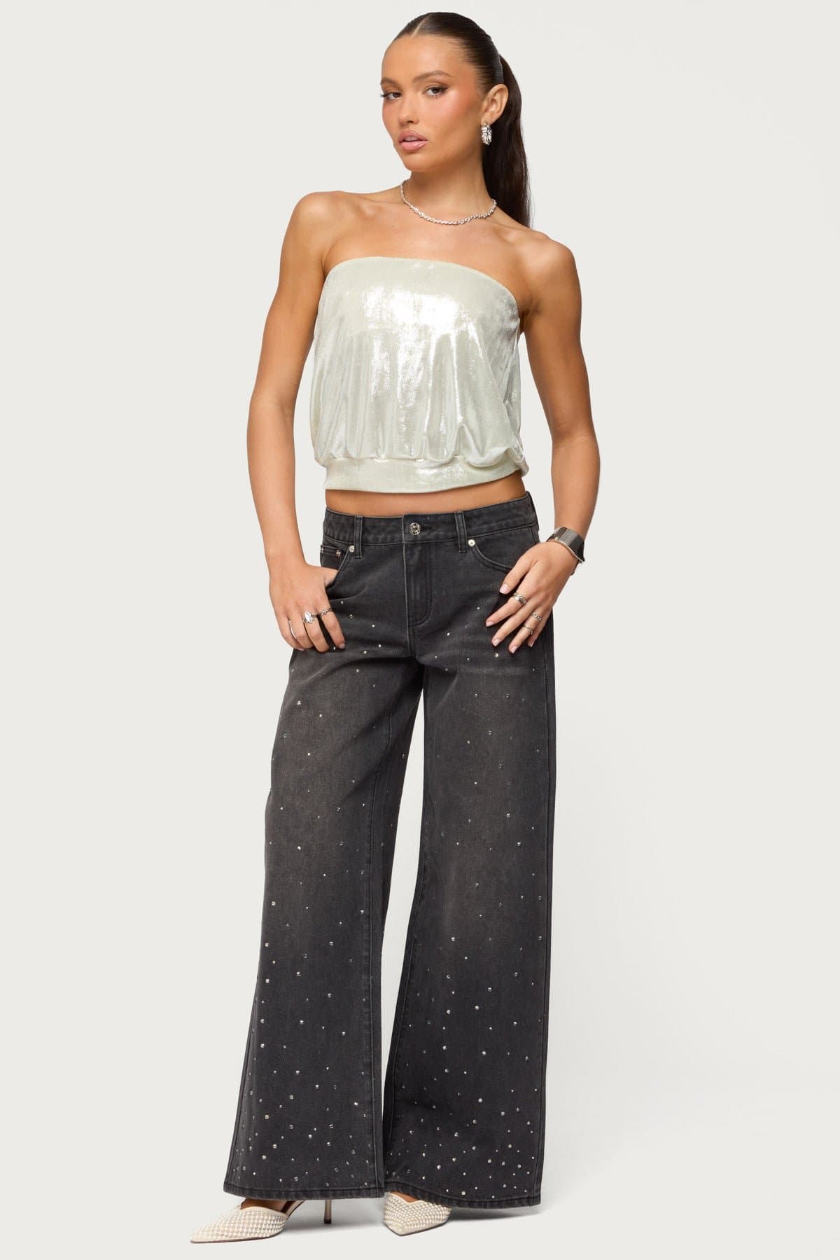 Rhinestone Washed Low Rise Baggy Jeans - 100% Cotton Denim