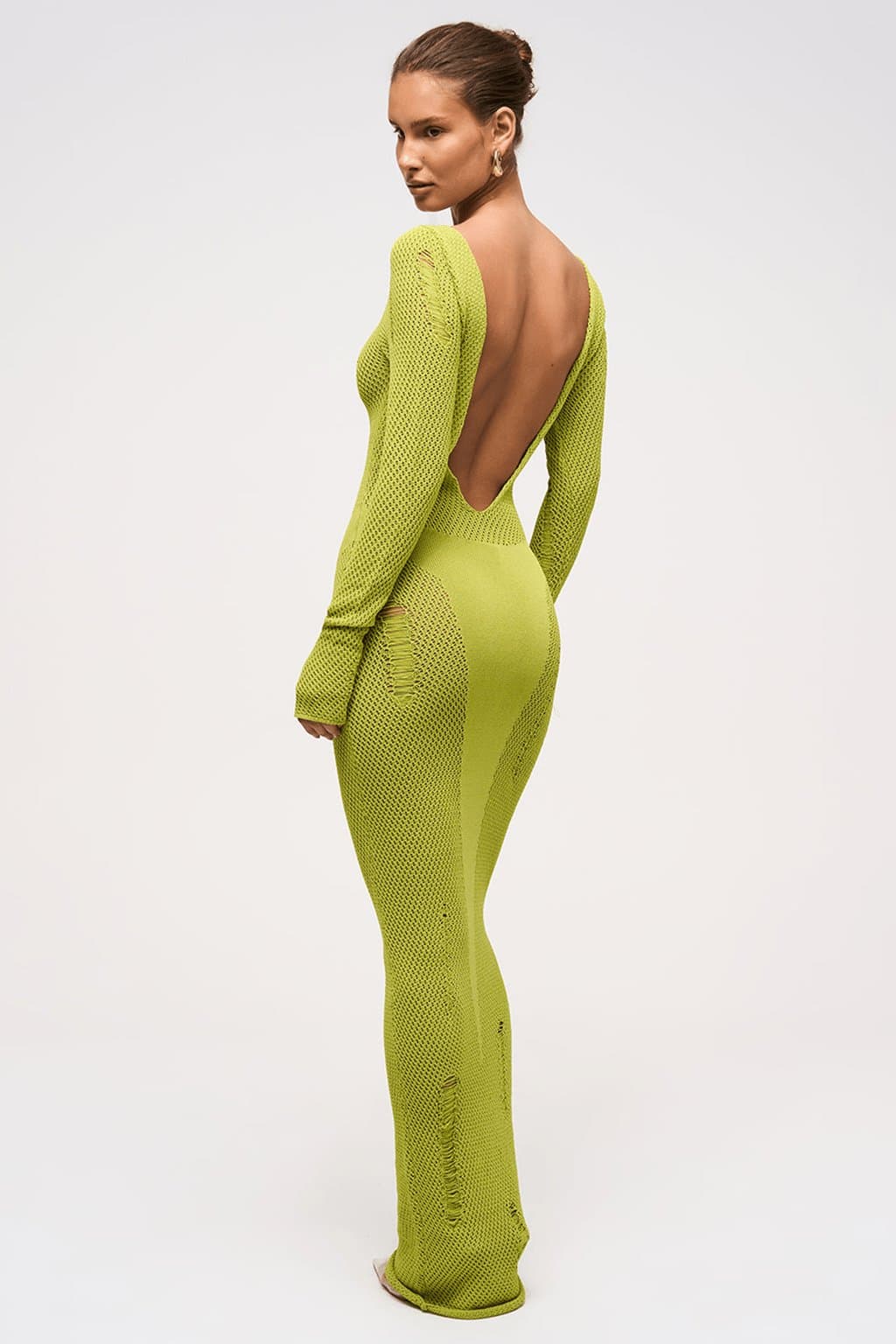 Fig Leaf Scooped Neckline Knit Maxi Dress - Crochet Panel Bodycon Fit Full Sleeve