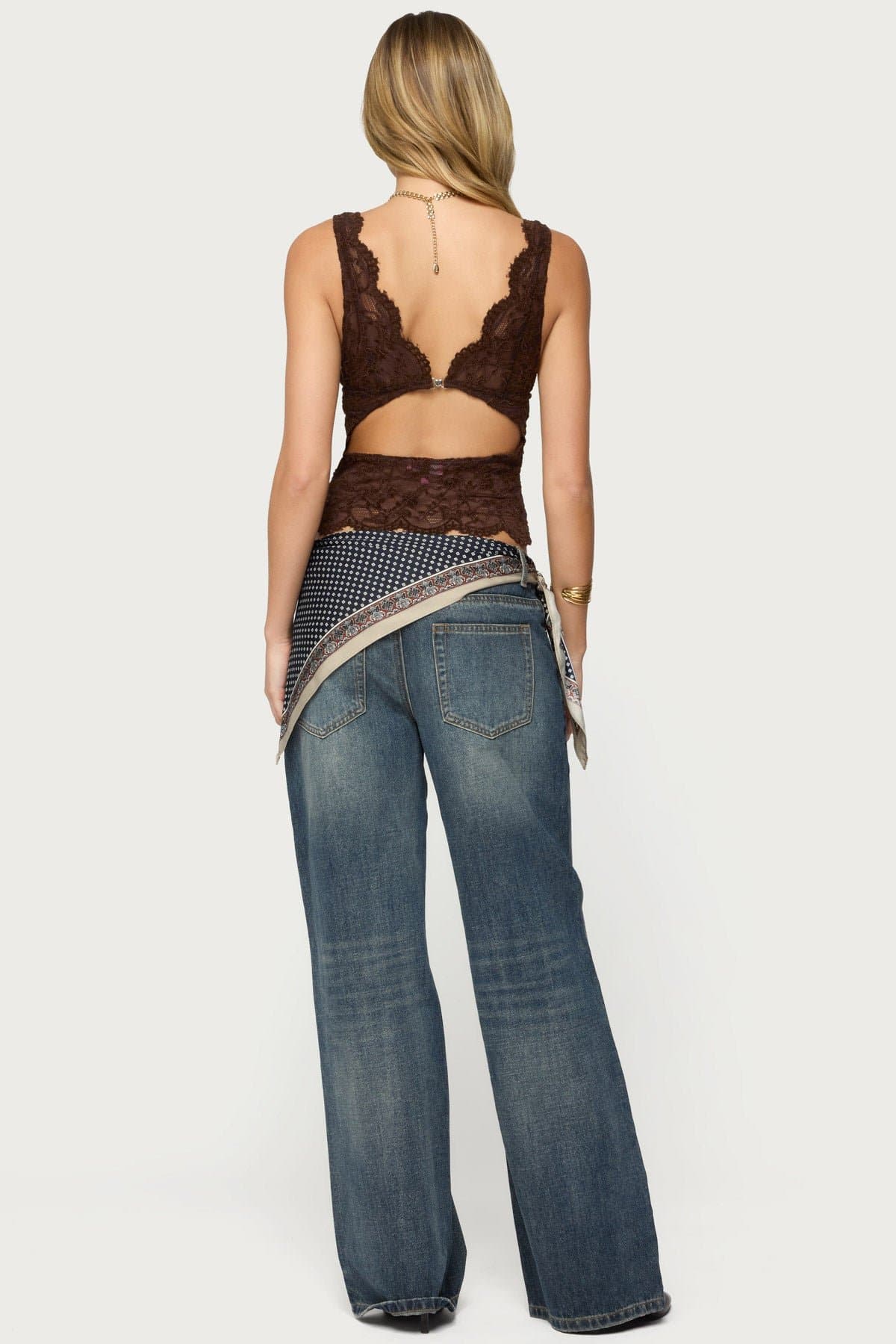 Araura Lace Velvet Floral Top - Plunging Neckline, Back Cutout, Scalloped Trim