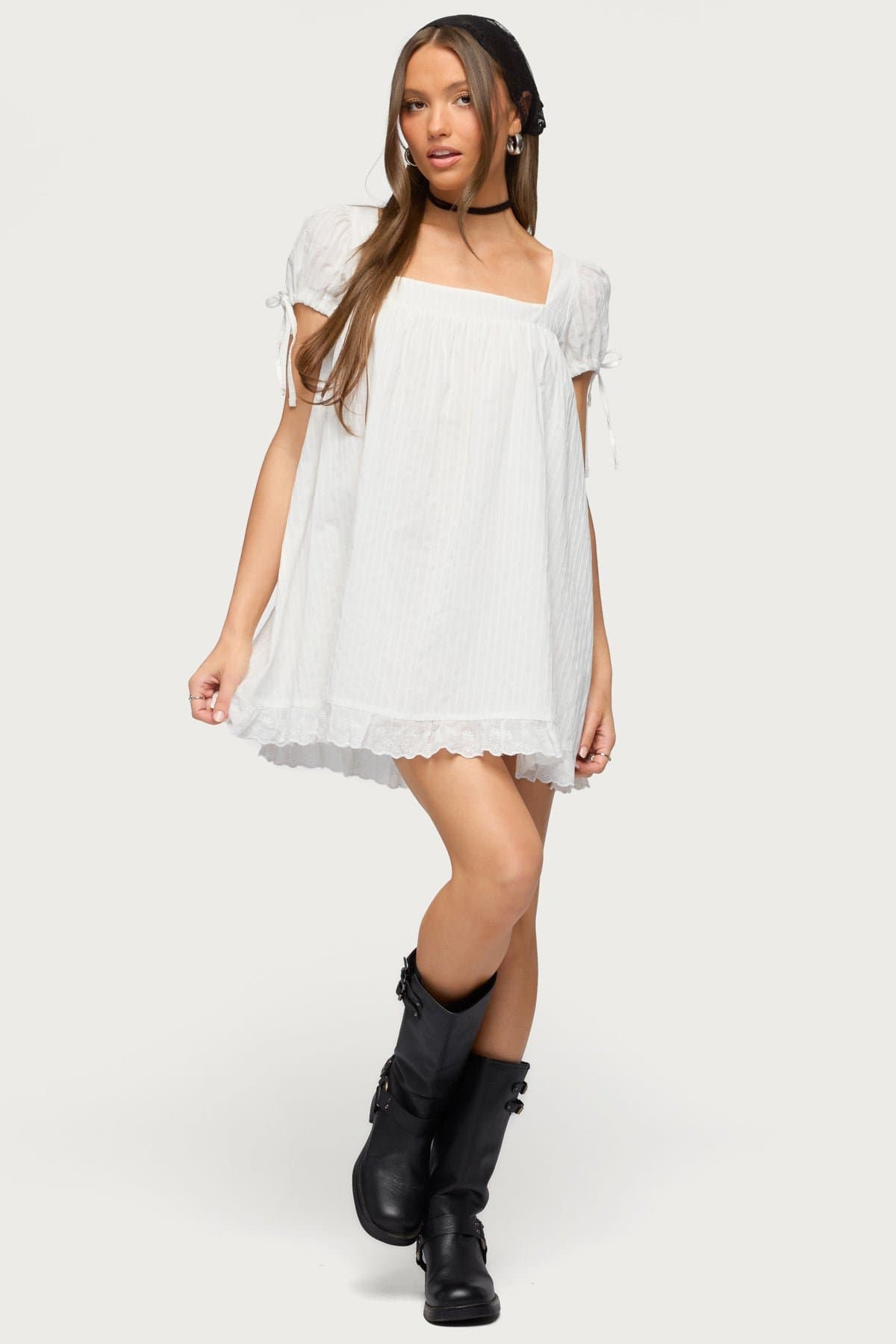 Sepid Striped Cotton Mini Dress Square Neckline Short Puff Sleeves