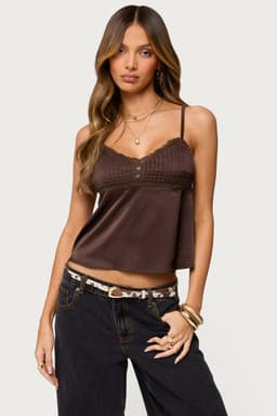 Blanca Satin Effect Lace Trim Tank Top with Adjustable Straps - Polyester