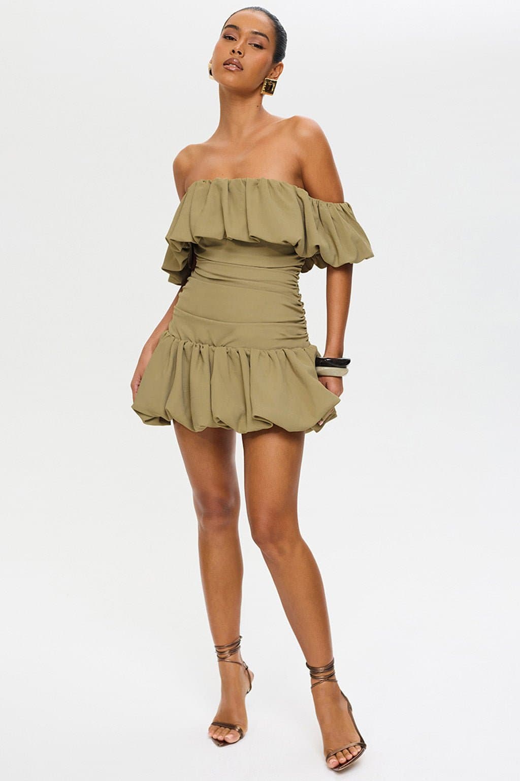 SAGE Mini Dress with Lace Up Back, Bubble Bardot Neckline, Ruched Seams UK 6-8