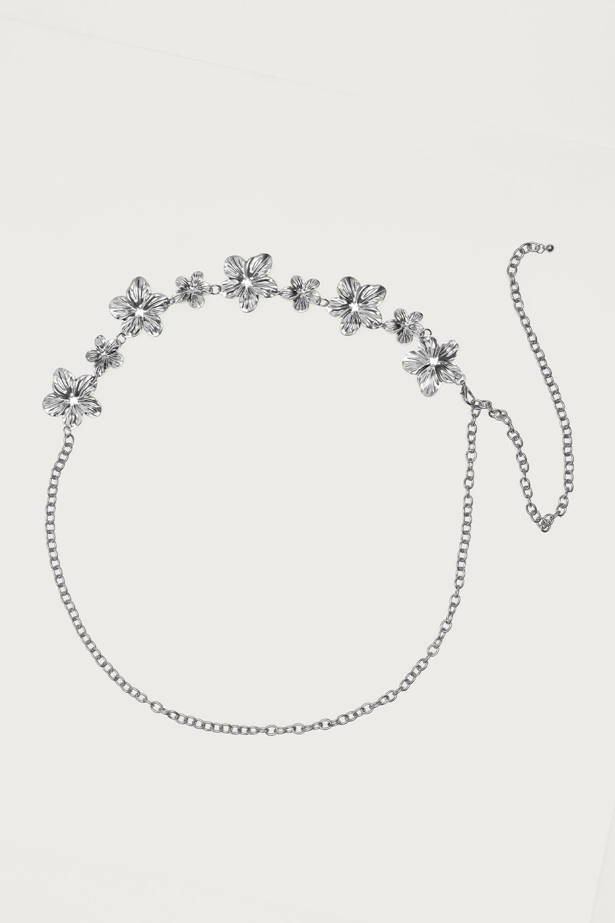 Botanical Babe Chain Belt - Hibiscus Flower Adjustable Silver Tone Metal 43.3in