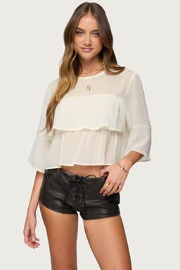 Missey Ruffled Chiffon Top - Polyester Women's Blouse with Back Keyhole