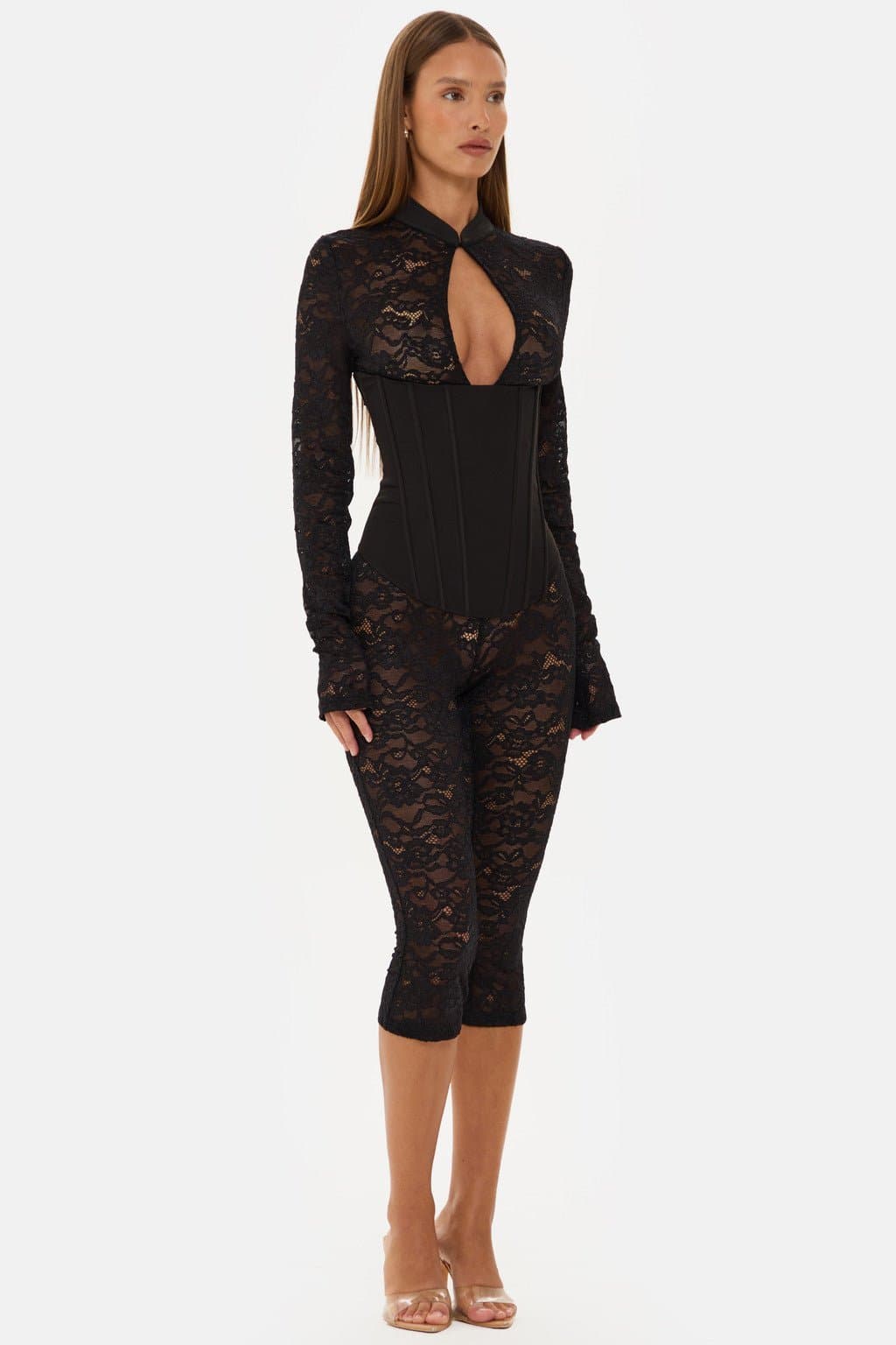 Jagger Long Sleeve Lace Capri Jumpsuit with High Neck and Corset Boning