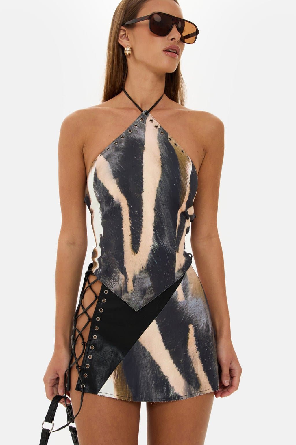 Dallas Zebra Print Co-Ord Set with Halter Neck Top and Lace-Up Skirt