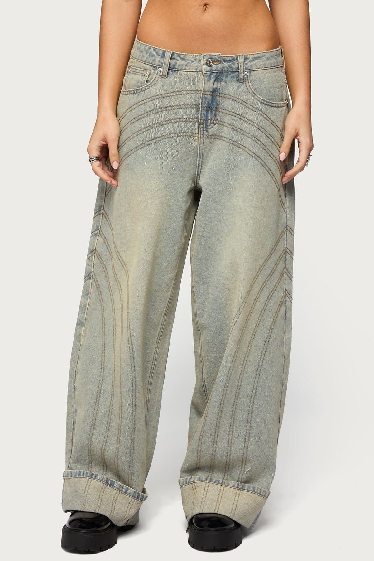 Cuffed Low Rise Baggy Jeans - Rigid 100% Cotton Denim with Stitch Detailing