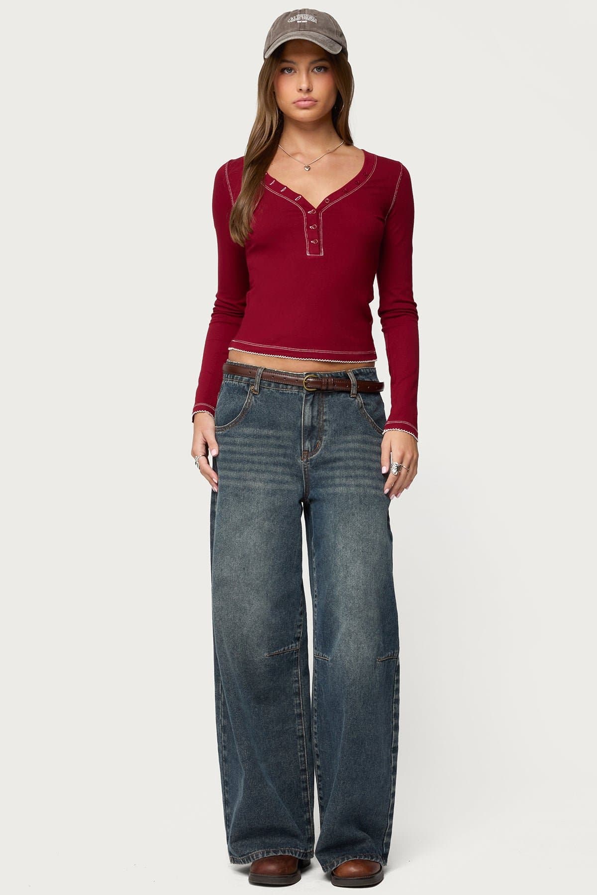 Yael Contrast Stitch Long Sleeve Henley Top in Rayon Spandex