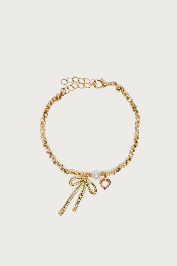 Bow Charm Bracelet with Pearl and Heart Charms Gold Tone Metal 6.7in