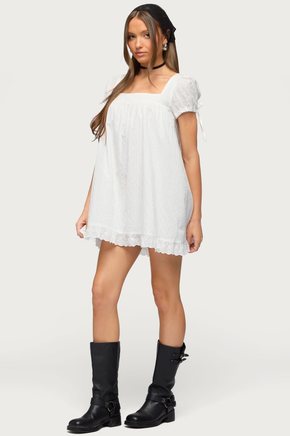 Sepid Striped Cotton Mini Dress Square Neckline Short Puff Sleeves