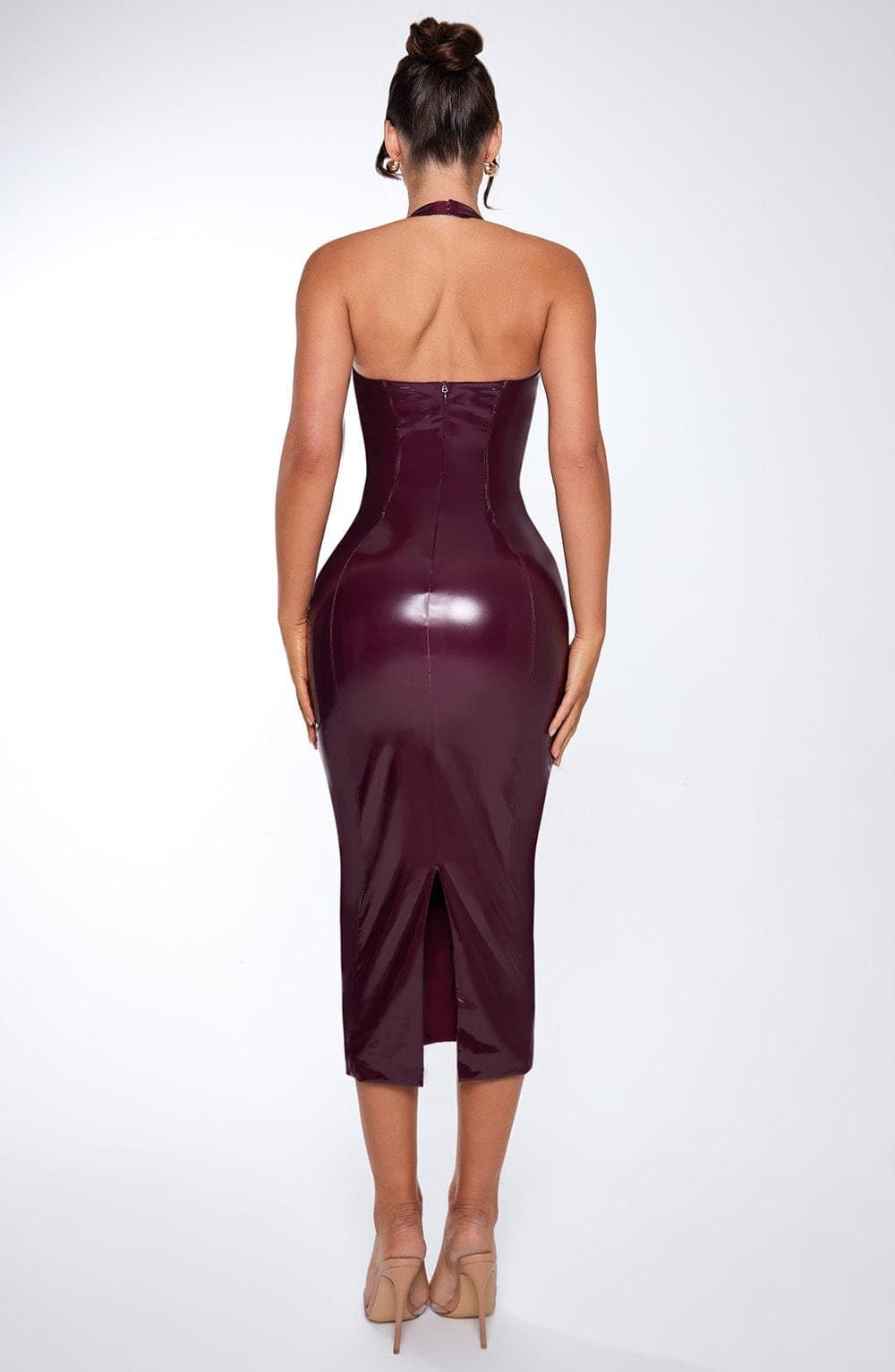Violette Midi Dress in Cherry Lacquer - Premium Vinyl Stretch Plunge Halter
