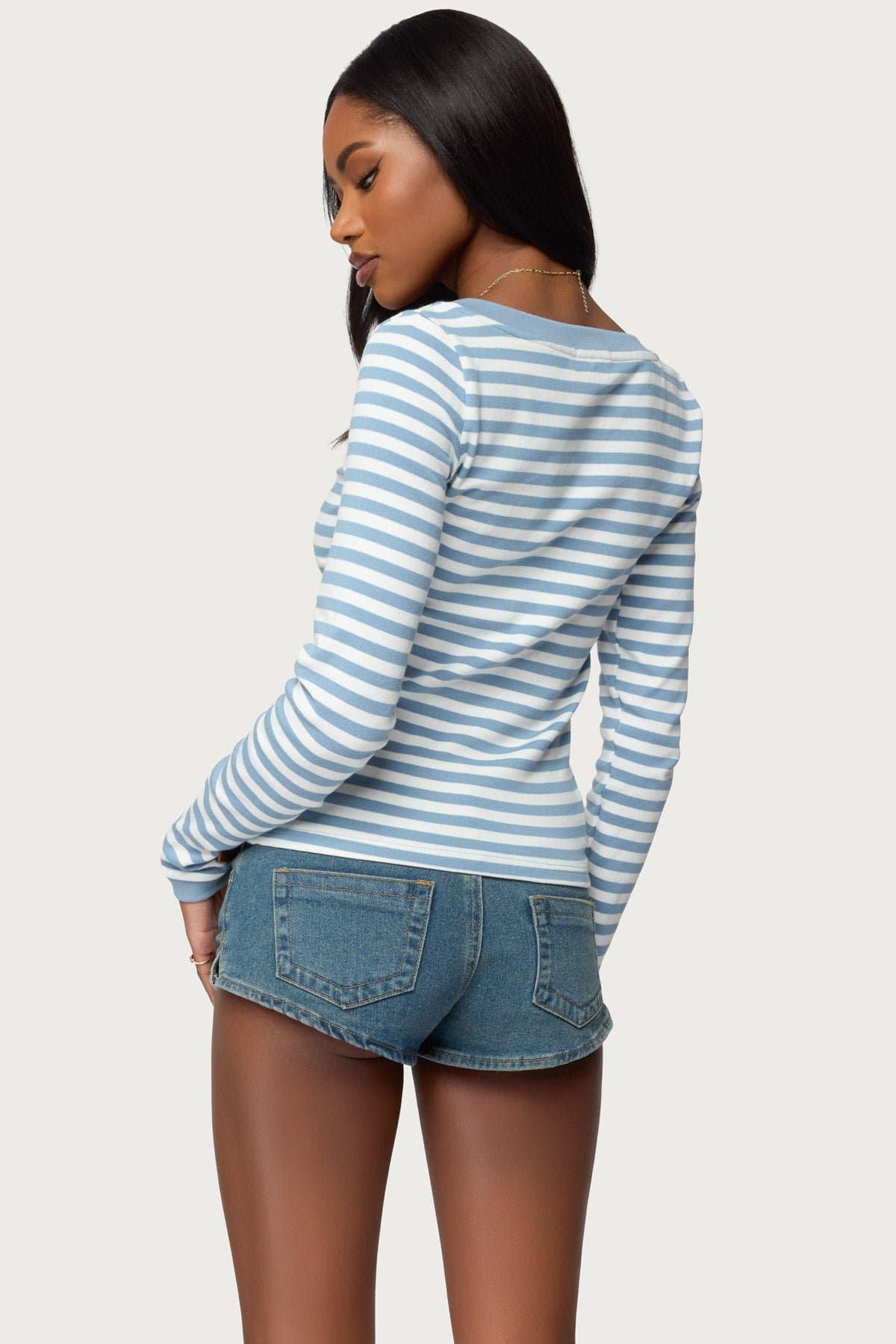 Kimi Striped Long Sleeve V Neck Top - Cotton Spandex Contrast Trim